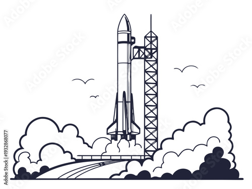 A black and white vector illustration of a rocket launching into space with clouds and birds in the background