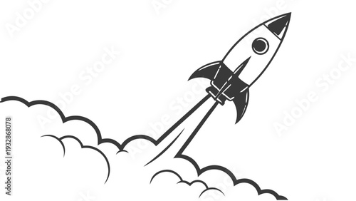 A black and white vector graphic illustration of a rocket ship blasting off into the sky with clouds
