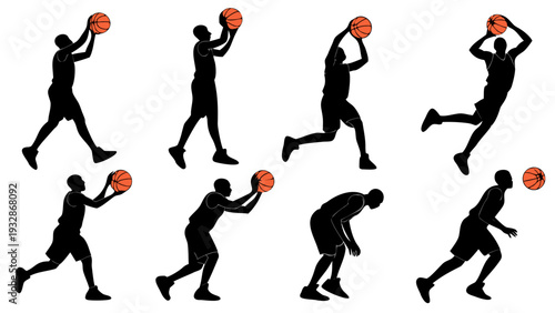 A set of black silhouette illustrations of a basketball player in various poses