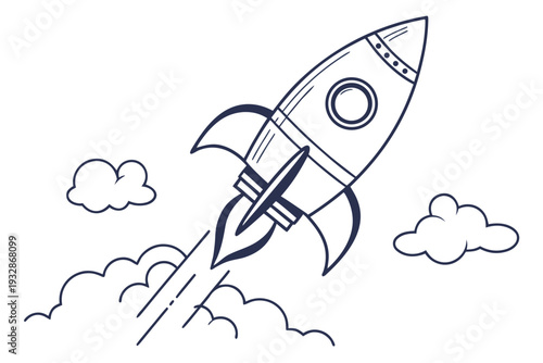 A minimalist line art illustration of a rocket ship soaring through clouds