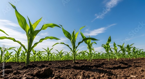 Young corn plants growing in a fertile field under a clear blue sky