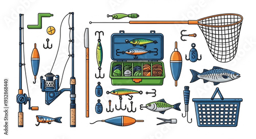 Fishing gear collection illustration, various equipment for angling and catching fish.