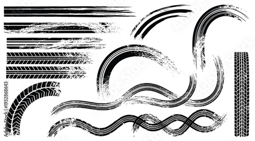 Black ink brush strokes and lines on isolated white background for artistic design elements