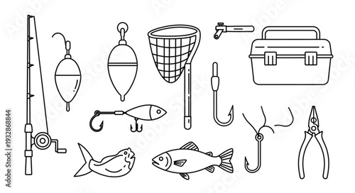 Collection of fishing equipment and tools for recreational angling activities.