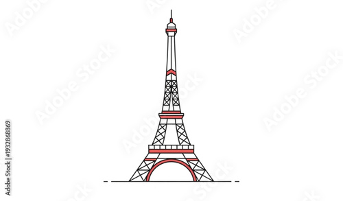 A minimalist vector illustration of the Eiffel Tower in red and black lines