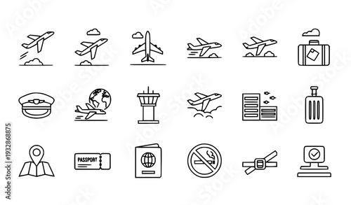 A set of travel icons including airplanes, luggage, and documents in a flat design style