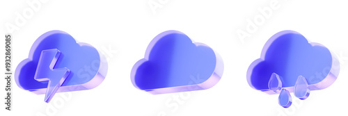 Foto Set 3D Glass thunderstorm cloud rain icon isolated on transparent background, concept of weather forecast meteorology