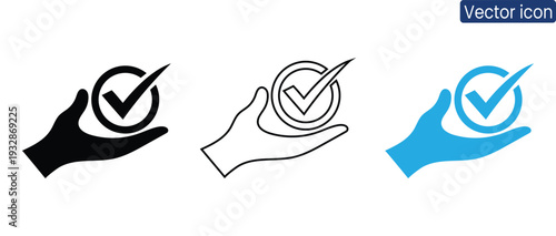 Vector icons of hands holding checkmark symbols in black, white, and blue for business and design use