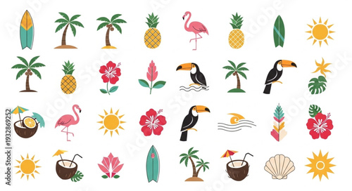 Collection of tropical summer icons featuring various elements and designs for vacation themes.