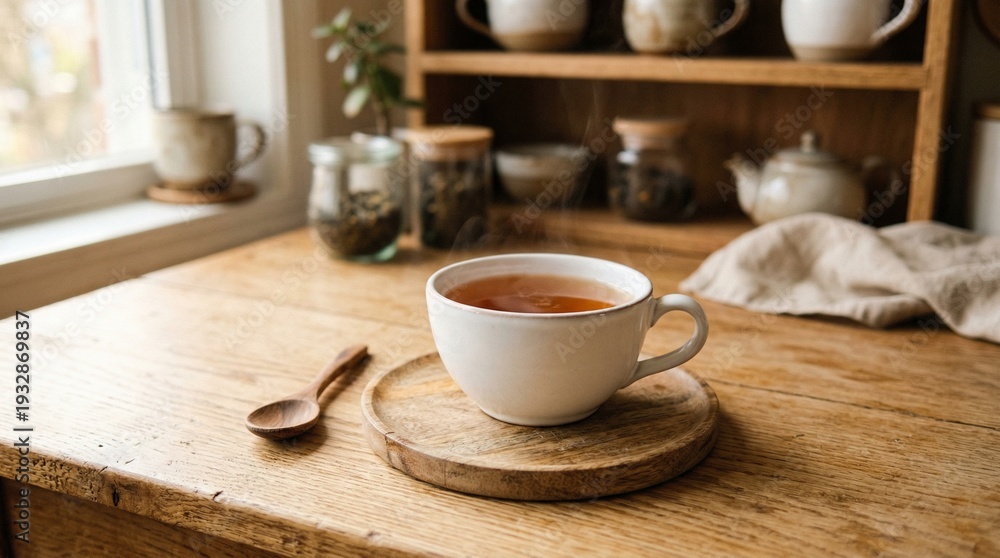 Fototapeta premium Cozy tea time: warm cup of tea on wooden table, rustic kitchen setting, natural light