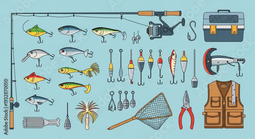 Comprehensive fishing gear collection showcasing rods, lures, tackle box, and accessories for angling enthusiasts.
