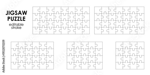 Jigsaw puzzle piece templates in different grid layouts, outlines in various configurations. Vector puzzles set with different sizes. Blank patterns for games, projects. 15, 18, 20, 21, 24, 28 pieces