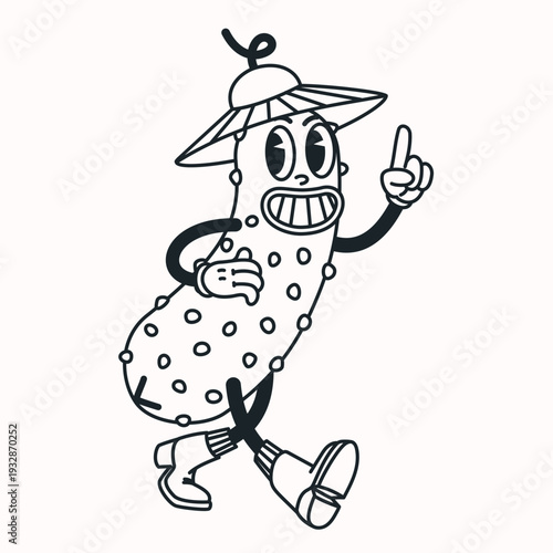 Cartoon pickle line character illustration with bold clean outlines and playful groovy retro style on light background. Pickle cartoon character drawn in simple line vector style