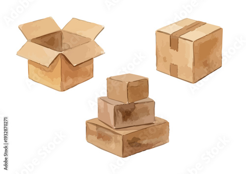 Hand drawn watercolor cardboard box illustration set, delivery and moving concept／ダンボール