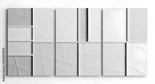 Modern white abstract panel arrangement with geometric patterns and textured background design elements displayed