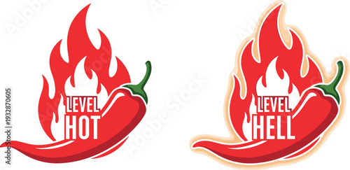 Spicy Red Chili Pepper with Fire Flames Level Hot and Level Hell Label Badge Vector Illustration Set