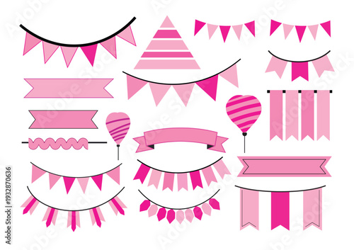 Pink party decorations with flags and ribbons isolated on white background