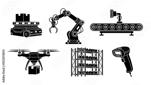 Automated warehouse and smart logistics set with robotic arm delivery drone AGV conveyor belt and scanner
