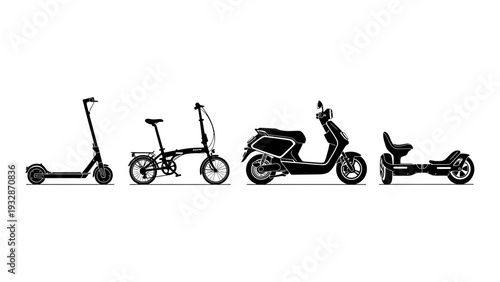 Modern electric personal transportation set with kick scooter folding bicycle moped and hoverboard vectors