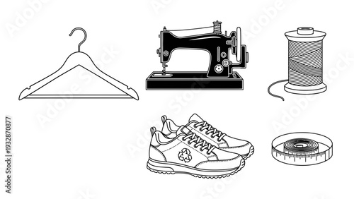 Sustainable fashion and tailoring set with sewing machine recycled sneakers clothes hanger and measuring tape