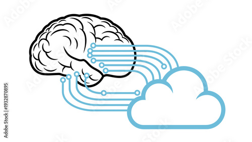 Artificial intelligence concept with human brain connected to digital cloud for data processing and memory storage