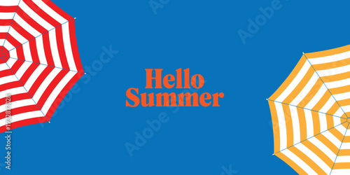 Creative Summer Holiday Background with Bright Striped Beach Umbrellas in Red and Yellow over Blue Sky, Trendy Seasonal Poster Banner Design for Travel, Vacation and Web Header Use
