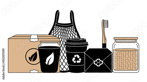 Eco friendly sustainable lifestyle product set with reusable bag, bamboo toothbrush, glass jar, and recycled packaging