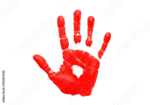 Red handprint stamp isolated on transparent background, symbolizing stop, warning, or declaration of presence