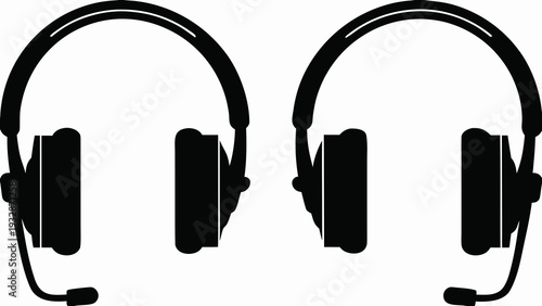 A minimalist vector graphic illustration of two black headsets with microphones on a white background