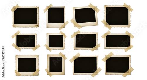 Vintage Polaroid photo frames collection with tape on white background for your images