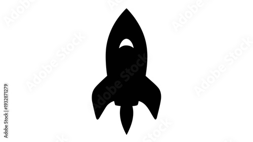 A black silhouette of a rocket ship icon on a white background