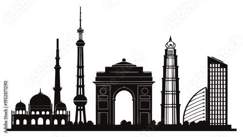 A black silhouette vector graphic of famous Indian landmarks and buildings