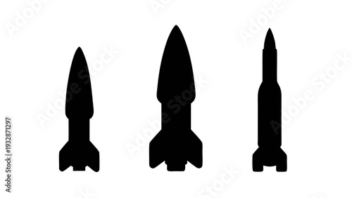 A set of three black rocket silhouettes on a white background