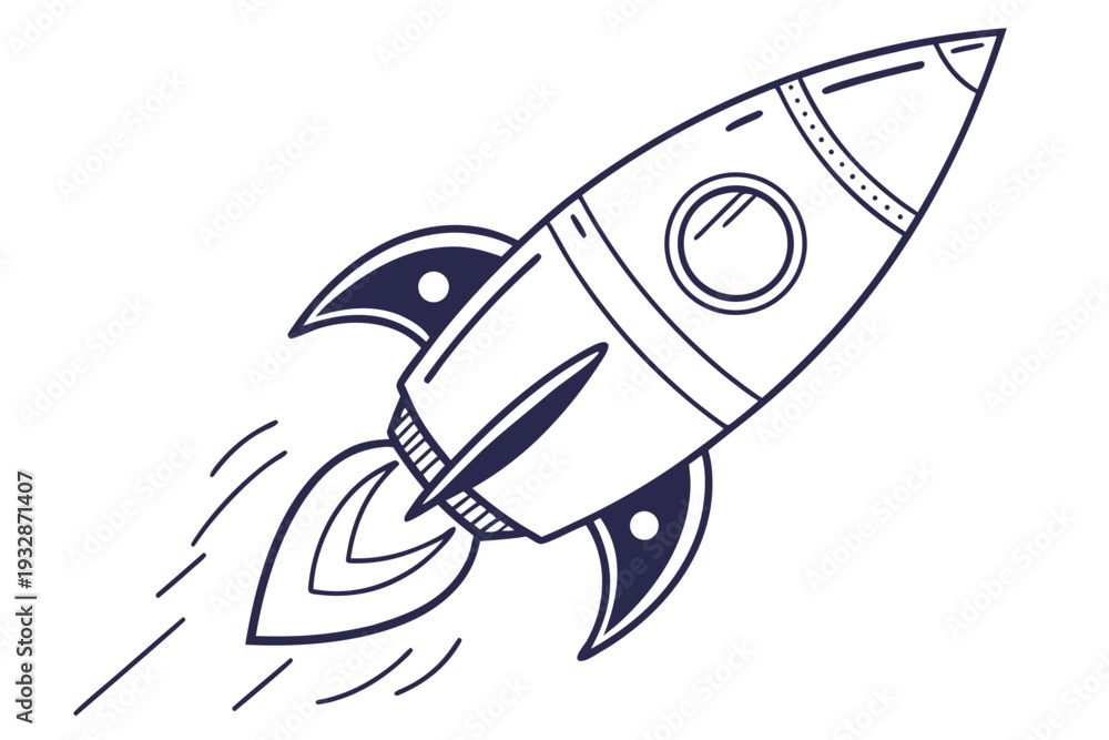 Fototapeta premium A minimalist vector graphic illustration of a rocket ship blasting off into space with motion lines