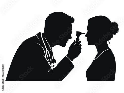Male Doctor Using Otoscope to Examine Female Patient Silhouette