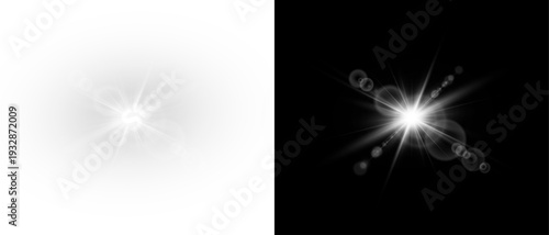 Yellow star flashed with sparkles sun isolated on white background. Soft glow without departing rays, sunlight with lens flare effect. PNG vector light effect.