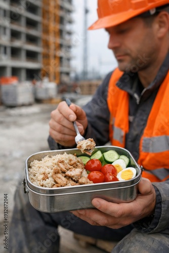 Construction worker enjoying healthy lunch with rice, tuna, and vegetables at job site