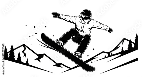 Snowboarder performing a jump in the air, showcasing athletic prowess and skill.