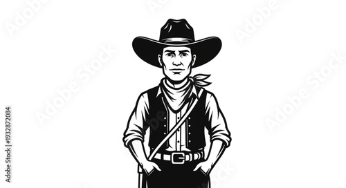 A stoic cowboy stands tall, embodying the spirit of the Wild West with his hat and attire.