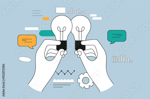 Startup Innovation Banner Concept with Light Bulb Idea Symbol, Business Strategy Elements and Creative Teamwork Illustration for Web Header, Social Media Promotion and Presentation Design