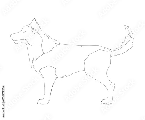 Stylized line art dog with a curious expression, featuring shaded fur and a clean contour on white.