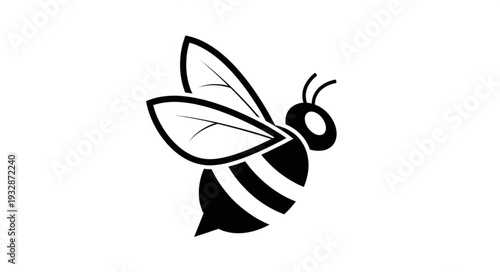 Detailed illustration of a flying bee with black and white stripes, wings spread.