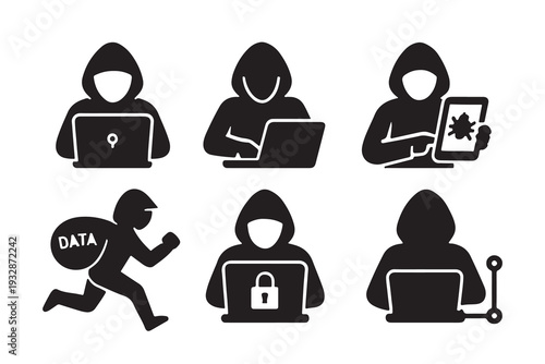 Set of black and white icons representing cybercrime hacking and digital security threats