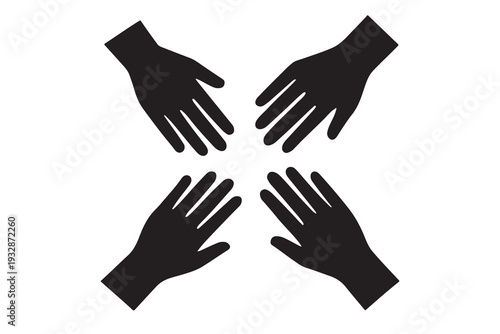 Four human hand silhouettes reaching towards a central point representing teamwork and unity