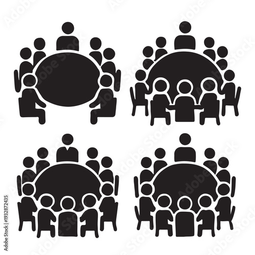 Set of four black silhouette icons representing people sitting at a round table for a meeting