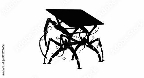 Intricate mechanical spider-like creature with a flat surface on its back, rendered in silhouette.