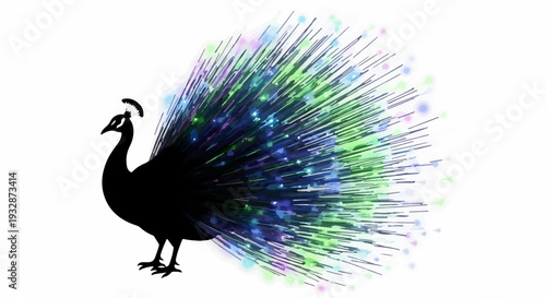 Majestic peacock silhouette displaying a vibrant, shimmering tail of light and color.