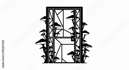 Mysterious doorway embraced by fantastical mushroom growth, inviting exploration