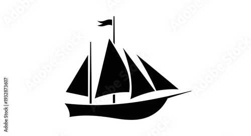 Black silhouette of a sailboat with sails and a flag on a white background.
