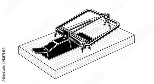 Detailed illustration of a classic wooden mousetrap ready to catch rodents.